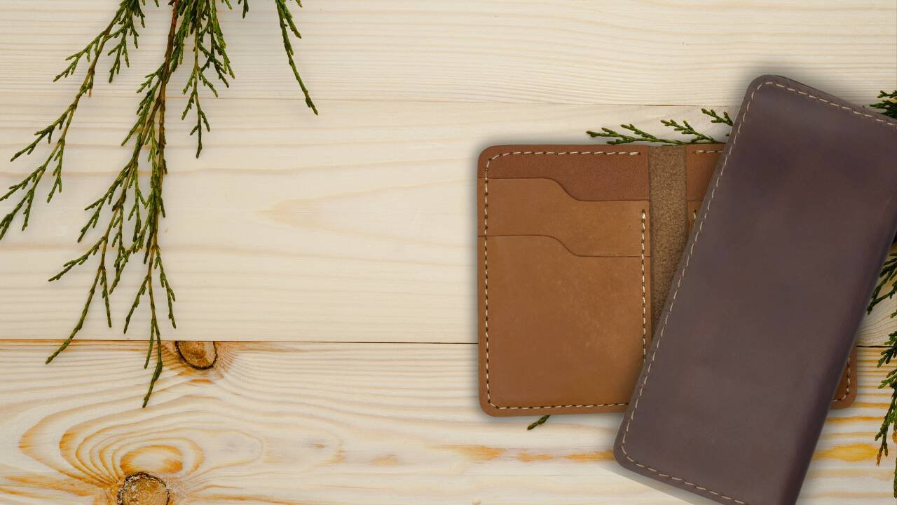 a wallets on a wood surface
